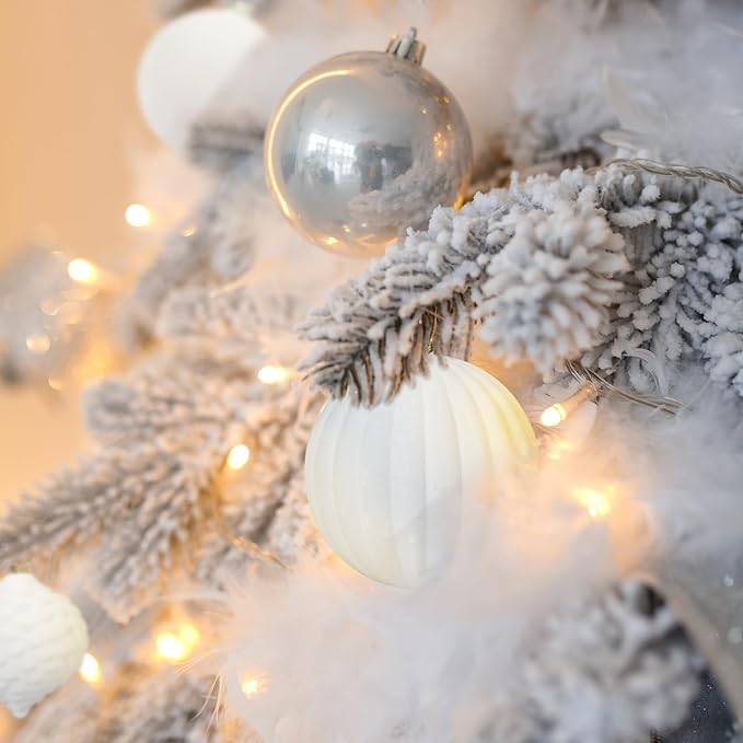 KI Store Velvet Christmas Balls White 25pcs Flocked Christmas Tree Ornaments Assortment for Xmas Tree Holiday Decor