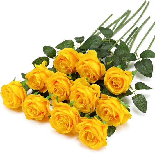 Yellow Fake Roses Artificial Flowers - 10 Pcs Fake Artificial Roses Silk Flowers with Stems for Home Wedding Hotel Office Centerpiece Decor