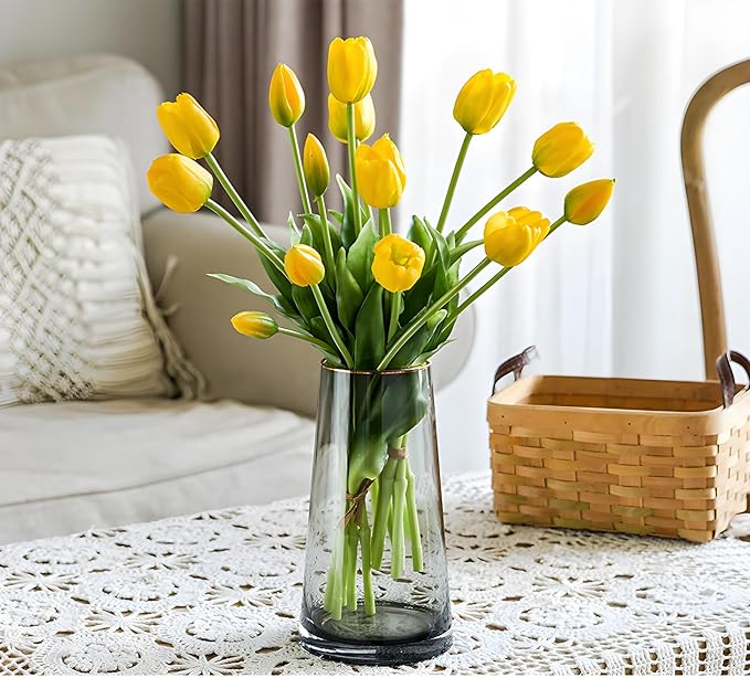 15 pcs Yellow Tulips Artificial Flowers Faux Tulips Real Touch Latex Fake Flower Bouquet for Spring Wedding Home Décor Centerpiece Arrangements