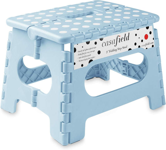 Casafield 9" Folding Step Stool with Handle, Blue - Portable Collapsible Small Plastic Foot Stool for Kids and Adults - Use in The Kitchen, Bathroom and Bedroom