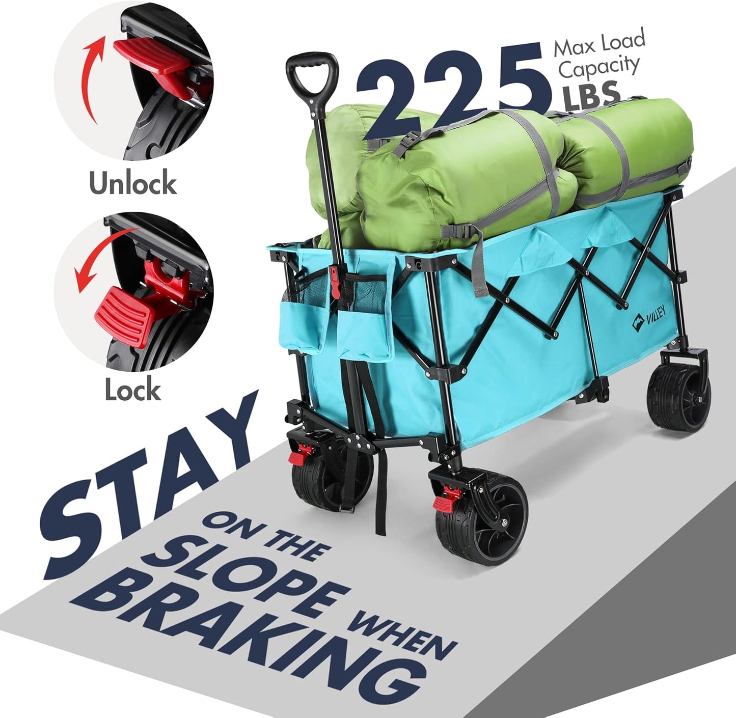 VILLEY Collapsible Folding Wagon with Big Wheels, All Terrain Beach Wagon Cart Heavy Duty Foldable, Enlarged 225lbs Capacity, Portable Utility Garden Cart with 2 Cup Holders and Brake, Blue