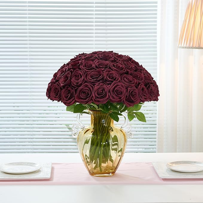 Carlita's Blooms 50pcs Burgundy Rose Artificial Silk Roses, Realistic, Long Lasting, Versatile for Weddings & Parties