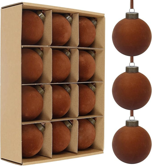 12 Pcs Velvet Christmas Balls Bulk Shatterproof Plastic Christmas Tree Decorations for Decorative Hanging Baubles (12, Brown, 3.15Inch)