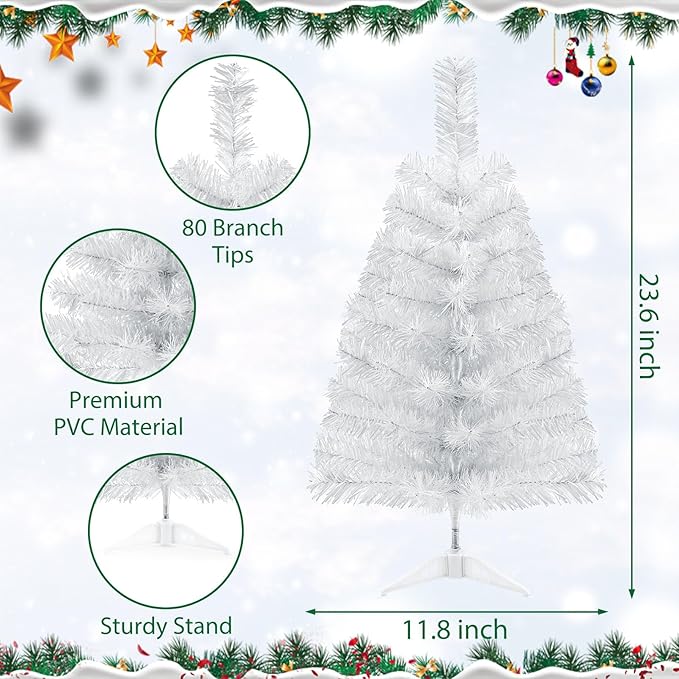 GlyinnHe 2Ft White Artificial Christmas Tree with Plastic Stand, Tabletop Christmas Tree for Indoor Outdoor Holiday Decoration