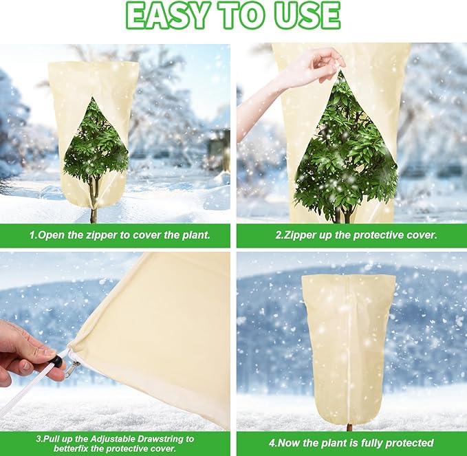 2 Pack 43"x32" Winter Plant Covers Freeze Protection Frost Cloth Blankets, 3 oz/yd² Tree Cover with Zipper Drawstring, Frost Protection Jacket for Outdoor Plant Cold Weather Protector Beige