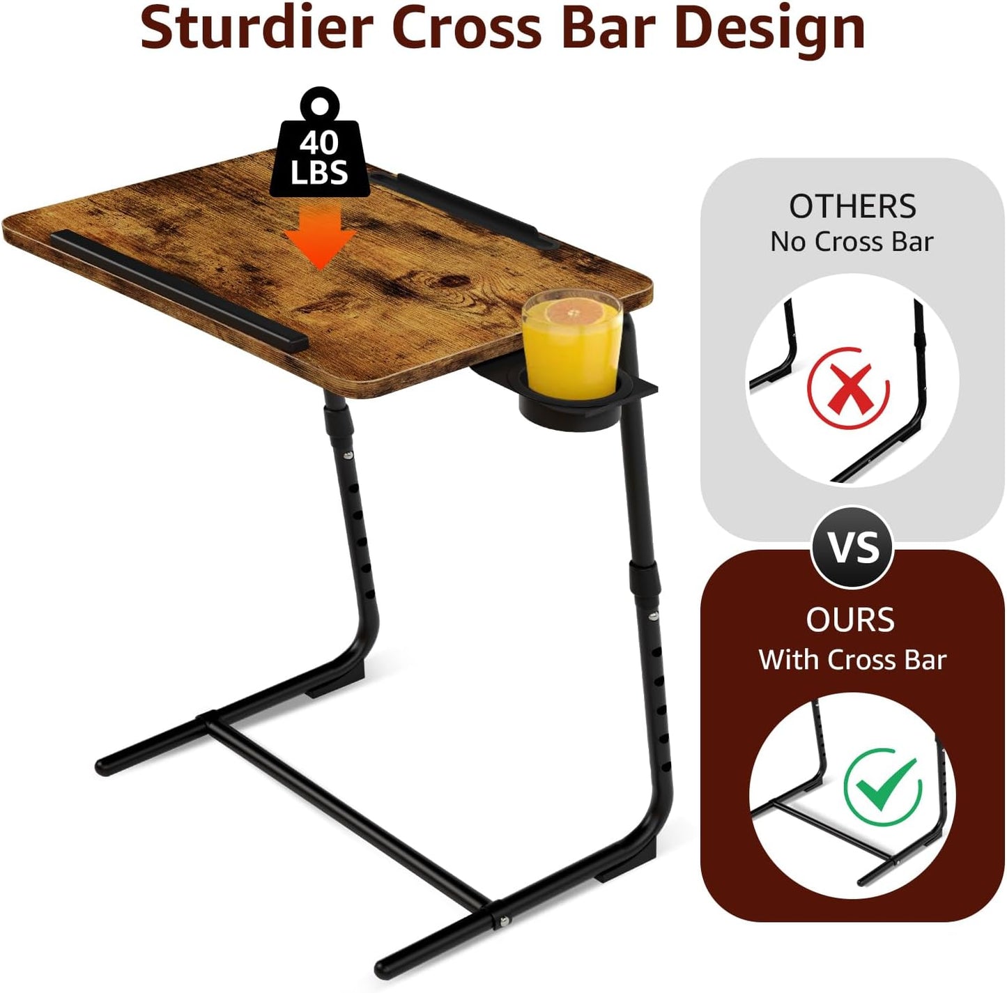 TV Trays Set of 2 - Folding TV Tray Adjustable Dinner Trays for Eating On Couch Wooden Tables Mate Stand Foldable Rustic Desk with Cup Holder Portable