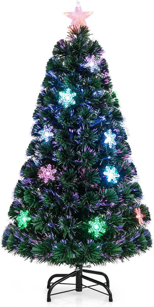 Goplus 4ft Pre-Lit Fiber Optic Christmas Tree, Artificial Xmas Full Tree with Colorful Snowflake LED Lights, 125 Branch Tips, Foldable Metal Base, for Office Home Holiday Decor
