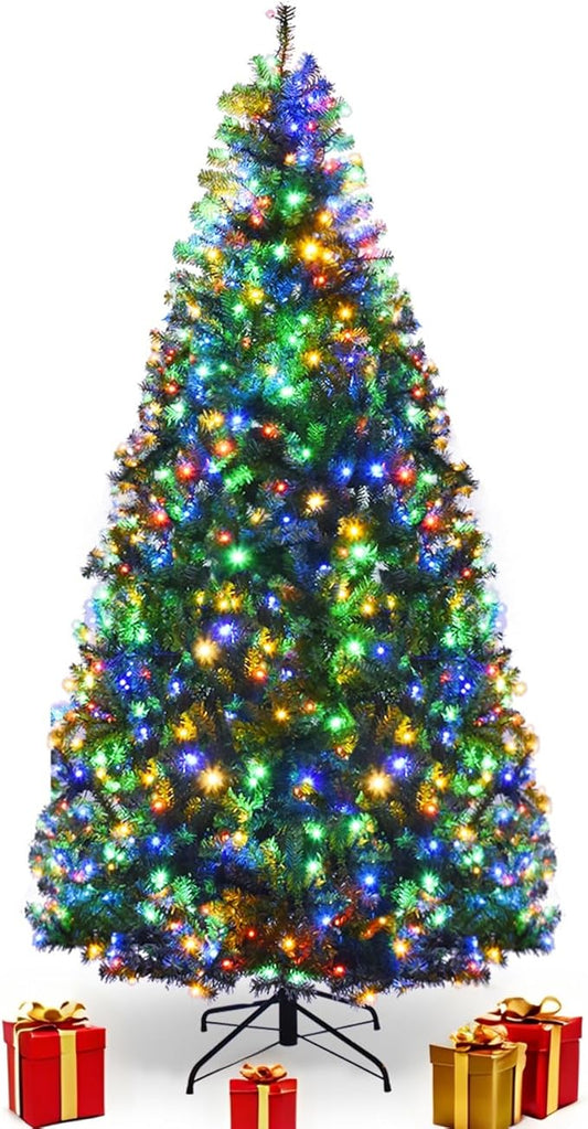 COSTWAY 7 FT Pre-lit Christmas Tree, Artificial Xmas Tree with 500 Warm White & Multicolored Lights, 11 Modes, 1570 Branch Tips, Metal Support, Holiday Decoration Fake Tree for Home, Office, Party