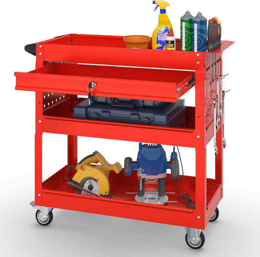 3 Tier Rolling Tool Cart on Wheels with Locking Drawer - Metal Service Cart Industrial Utility Cart for Mechanic - 350 LBS Mobile Storage Organizer for Garage, (Red)