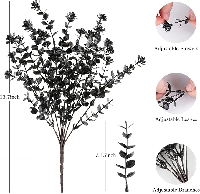 AmyHomie 16 Bundles Black Eucalyptus Artificial Flowers for Outdoor UV Resistant Faux Flowers No Fade Fake Plastic Plants Garden Porch Window Box Decorating