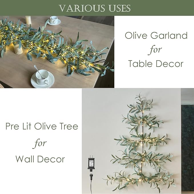 Hairui Lighted Wall Hanging Olive Tree with Timer 3.5FT 140 Warm White LED Fairy Lights, Vine Garland with Lights for Home Room Fireplace Wall Window Christmas Decoration Inside Outside