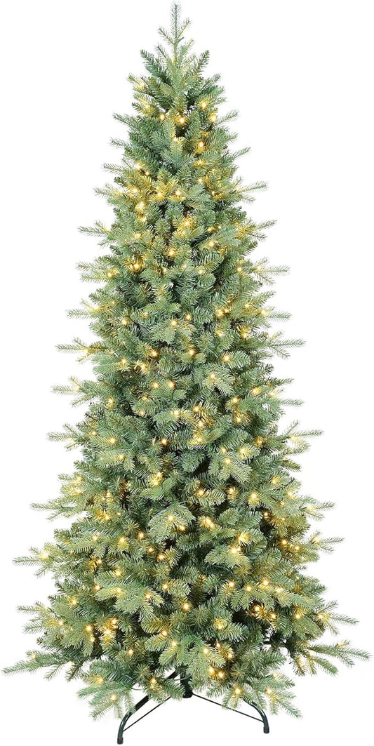 7.5 FT Prelit Artificial Skinny Christmas Tree,Blue Spruce Slim Pencil Xmas Tree with 1755 PE&PVC Mixed Branch Tips,450 UL Listed Clear Lights,Hinged Pine Tree with Metal Stand for Home Office Décor