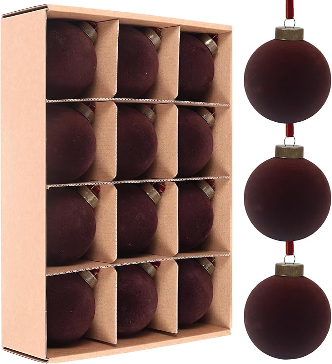 12 Pcs Velvet Christmas Balls Bulk Shatterproof Plastic Christmas Tree Decorations for Decorative Hanging Baubles (12, Coffee, 3.15Inch)