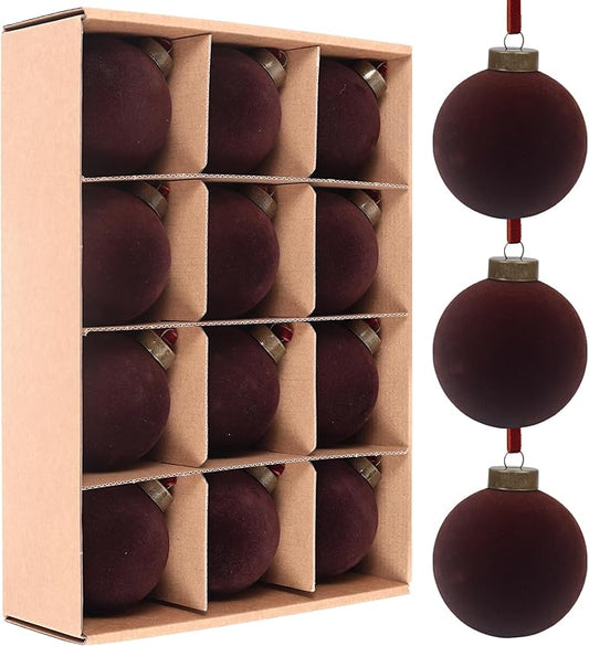 12 Pcs Velvet Christmas Balls Bulk Shatterproof Plastic Christmas Tree Decorations for Decorative Hanging Baubles (12, Coffee, 3.15Inch)