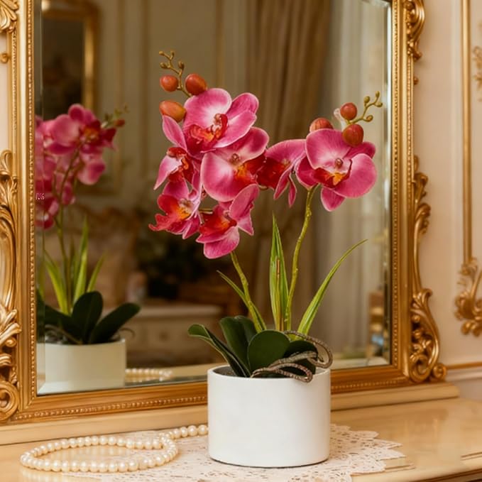 Jusdreen Artificial Purple Orchid, Phalaenopsis in Ceramic Pot with Vase for Home Office Table Decor, Flower Centerpiece