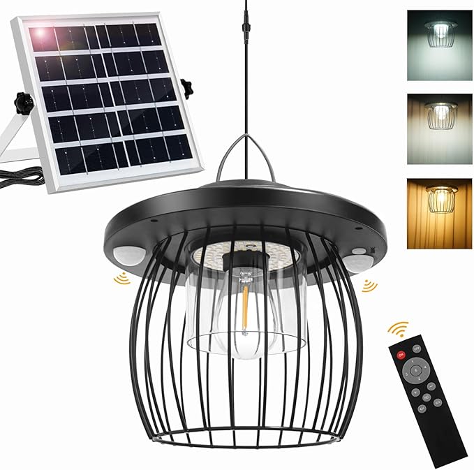 Solar Shed Lights with 2 Motion Sensors, Classic Metal Solar Chandelier Outdoor with 5 Lighting Modes, Waterproof Pendant Lamp with Remote Control for Gazebo, Garden, Patio, Barn(16.4FT Cord, 2 Pack)
