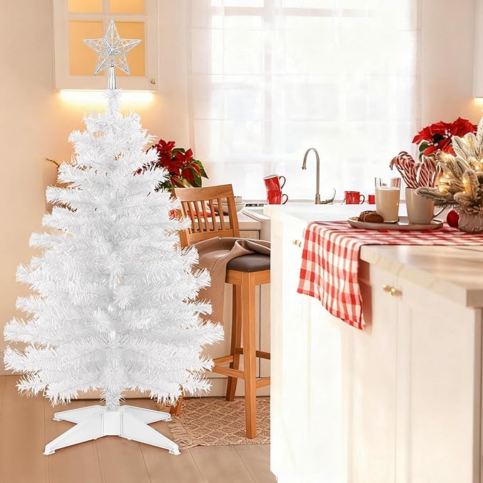 3 Ft White Artificial Christmas Tree for Tabletop, Foldable Xmas Tree with 4-Leg Stable Base for Indoor Outdoor Home Office Party Christmas Decorations