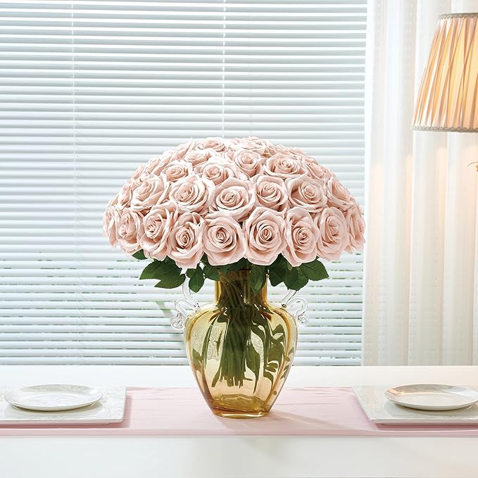 50Pcs Blush Roses Artificial Flowers Artificial Silk Roses Bulk,Fake Roses Flower with Stems Realistic Flowers for Wedding Centerpiece Home Party Decor