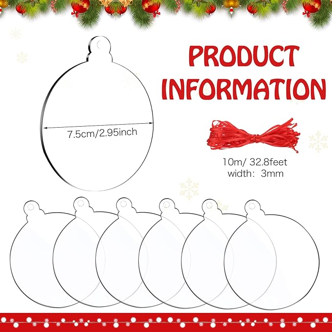 100 Pack Clear Ornaments with Red Ribbon - Blank Round Acrylic Christmas Baubles for Tree Decoration and Crafts (3 Inches)