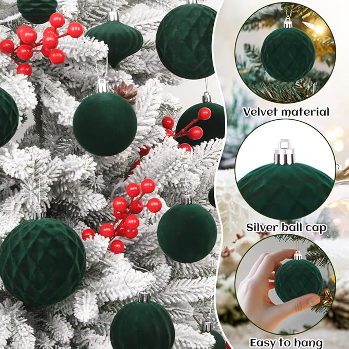 28PCS Velvet Christmas Balls Ornaments, Flocked Shatterproof Dark Green Xmas Tree Hanging Decoration Plastic Ball Set Bulk Ornament for Winter Trees Holiday Party Home Wreath Decor