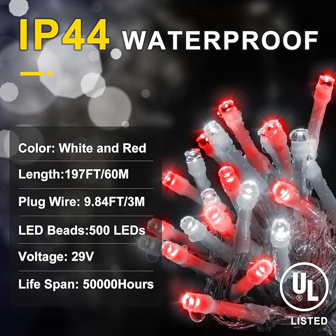 KNONEW 197FT 500 LED Christmas Lights Outdoor String Lights 8 Modes & Memory Fairy Light Plug in Waterproof LED String Lights for Xmas Yard Tree Wedding Party Holiday Decorations (Red and White)
