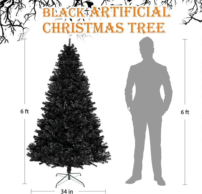 6FT Black Christmas Tree, Large Artificial Halloween Tree with 1000 Tips, Metal Hinges & Base, Premium Spruce Xmas Tree Outdoor Party Decor