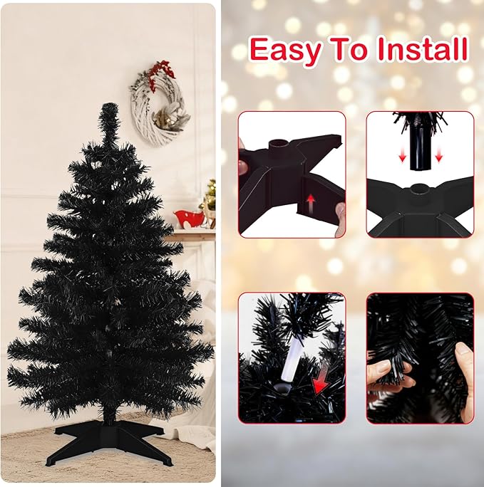3 Ft Artificial Christmas Tree for Tabletop, Mini Xmas Tree with Plastic Stand for Indoor Outdoor Holiday Home Party Christmas Decorations Black