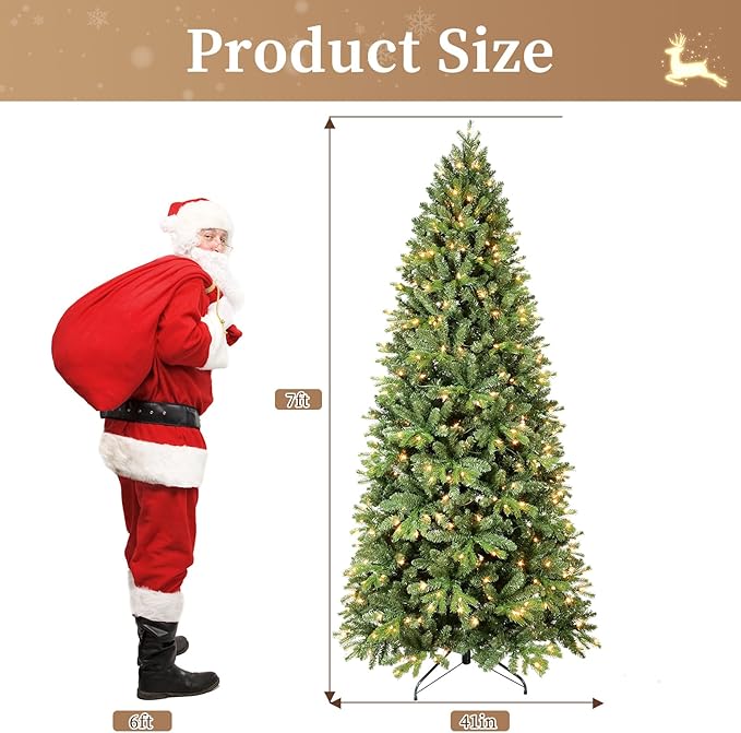 Prelit Artificial Christmas Tree 7ft,Green Spruce Christmas Tree Prelit with 400 Lights, 1318 Branches Tips Easy to Assemble for Home Holiday Outdoor Decorations