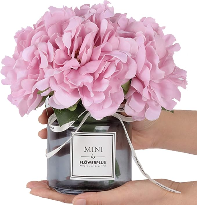 Artificial Hydrangea and Glass vase, Ins Style Artificial Flower Glass Bottle Set, Suitable for Living Room, Dining Table, Office, Wedding, Hotel Banquet and Other Home Decoration. (Purple Pink)