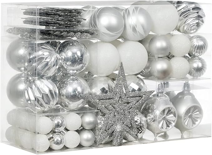 XmasExp 99-Pack Christmas Ball Ornaments Assorted Shatterproof Christmas Tree Decorations with Hand-held Gift Package for Xmas Tree,Home,Party(Silver-White)