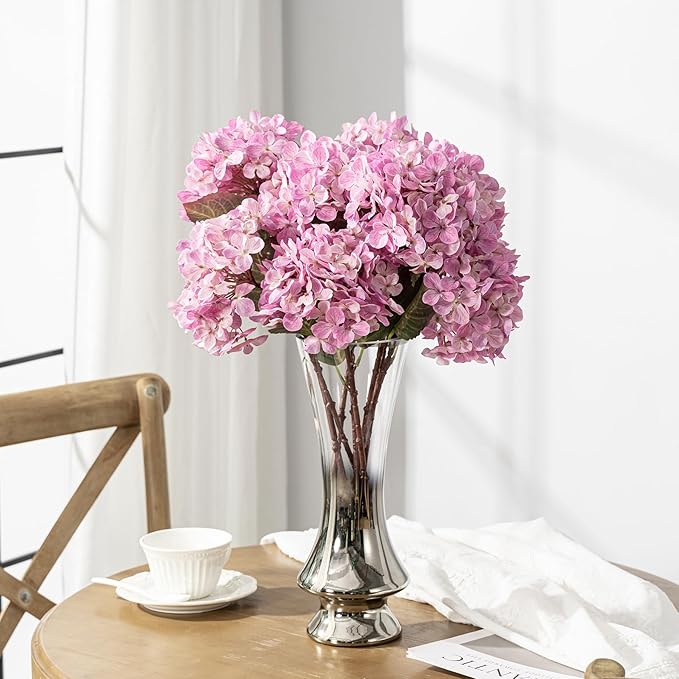 Artificial Flower Fake Silk Hydrangea Heads Bouquet with Stems Bulk for Fall Decoration Table Center Christmas Indoor Outdoor Faux Floral Realistic with Leaves Plants Crafts 8PCS(Pink)