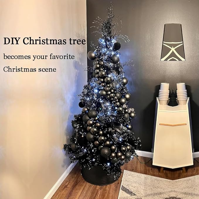 KTKDE 7.5ft Black Christmas Tree Artificial Halloween Tree Decorations with 1,450 Tips-1pcs Treetop Star 3 Set 300 Led String Lights, Pencil Christmas Tree Indoor Holiday Party Decorations