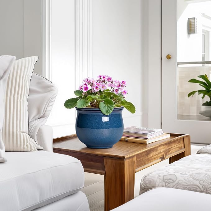 African Violet Pots, 6 Inch Ceramic Easy Self Watering Pots for Indoor Plant, Round Self Watering Planter with Absorbent Inner Pot, Ceramic Flower Pot, Room Decor, Plant Lover Gift, Retro Blue