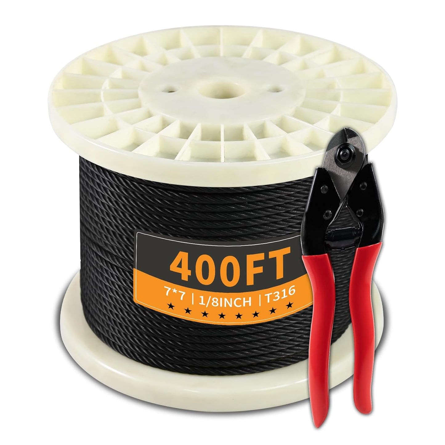 400FT 1/8" Stainless Steel Cable Black 7x7 Strands Aircraft Cable T316 Wire Rope with Cable Cutter 1800lbs Breaking Strength Metal Wire Cable for Deck Cable Railing, Stair, Fence, DIY Balustrades