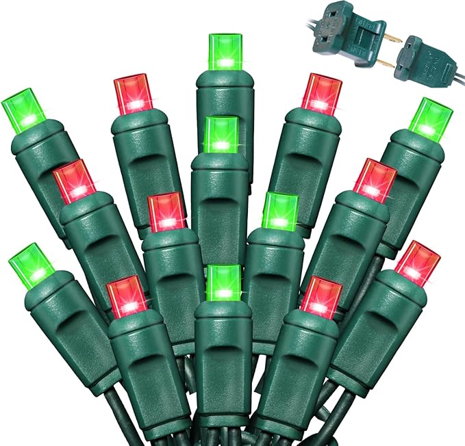 LAMPHOME 200LED (4pk of 50L) String Lights, LED Christmas Lights, 6" SPACING,Green Wire, Red and Green