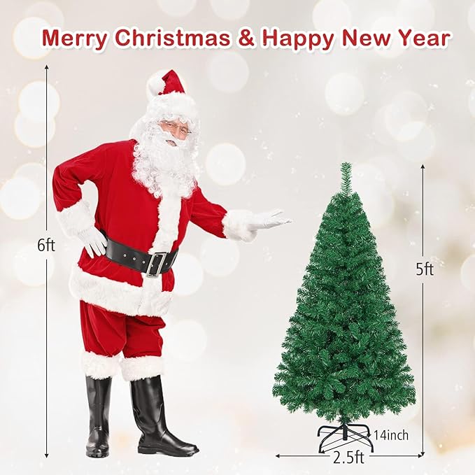 HAPPYGRILL 5 FT Unlit Artificial Christmas Tree, Luxuriant Verdant Realistic Xmas Tree with 350 PVC Branch Tips & Folding Metal Stand, Unlit Pine Tree for Festival Party