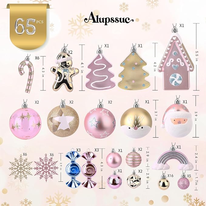 Alupssuc 65pcs Christmas Balls Ornaments Set, Shatterproof Plastic Baubles Gold Gingerbread House, and Tree Topper for Xmas Tree Holiday Wedding Party Decorations with Hanging Strings, Macaron Pink