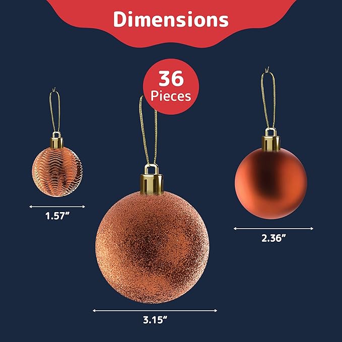 PREXTEX Christmas Tree Ornaments - Copper Orange Christmas Ball Ornaments Set for Christmas, Holiday, Wreath & Party Decorations (36 pcs - Small, Medium, Large) Shatterproof, 3 Size Combo