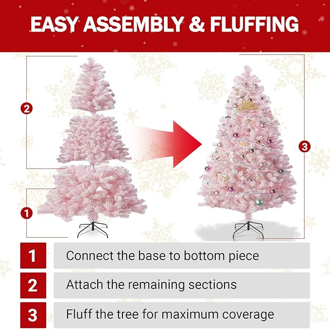 4.5FT Pink Artificial Christmas Tree with 400 Realistic Branch, Flocked Full Xmas Tree with Foldable Stand, Easy Assembly Hinged Pine Tree for Home, Shop, Office, Party Holiday Decoration