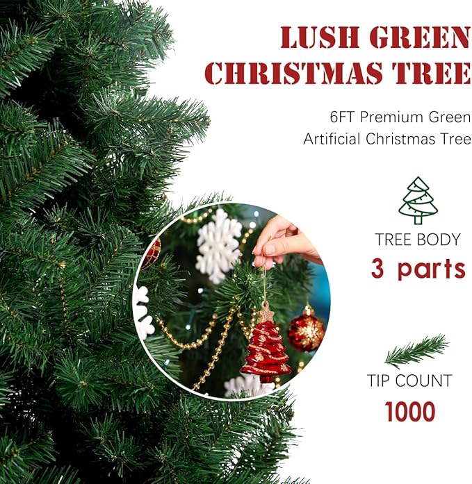 6FT Premium Christmas Tree, Large Spruce Artificial Holiday Xmas Tree with 1,000 PVC Branch Tips for Home, Office, Party Decoration, Metal Hinges & Foldable Base, Easy Assembly,Green