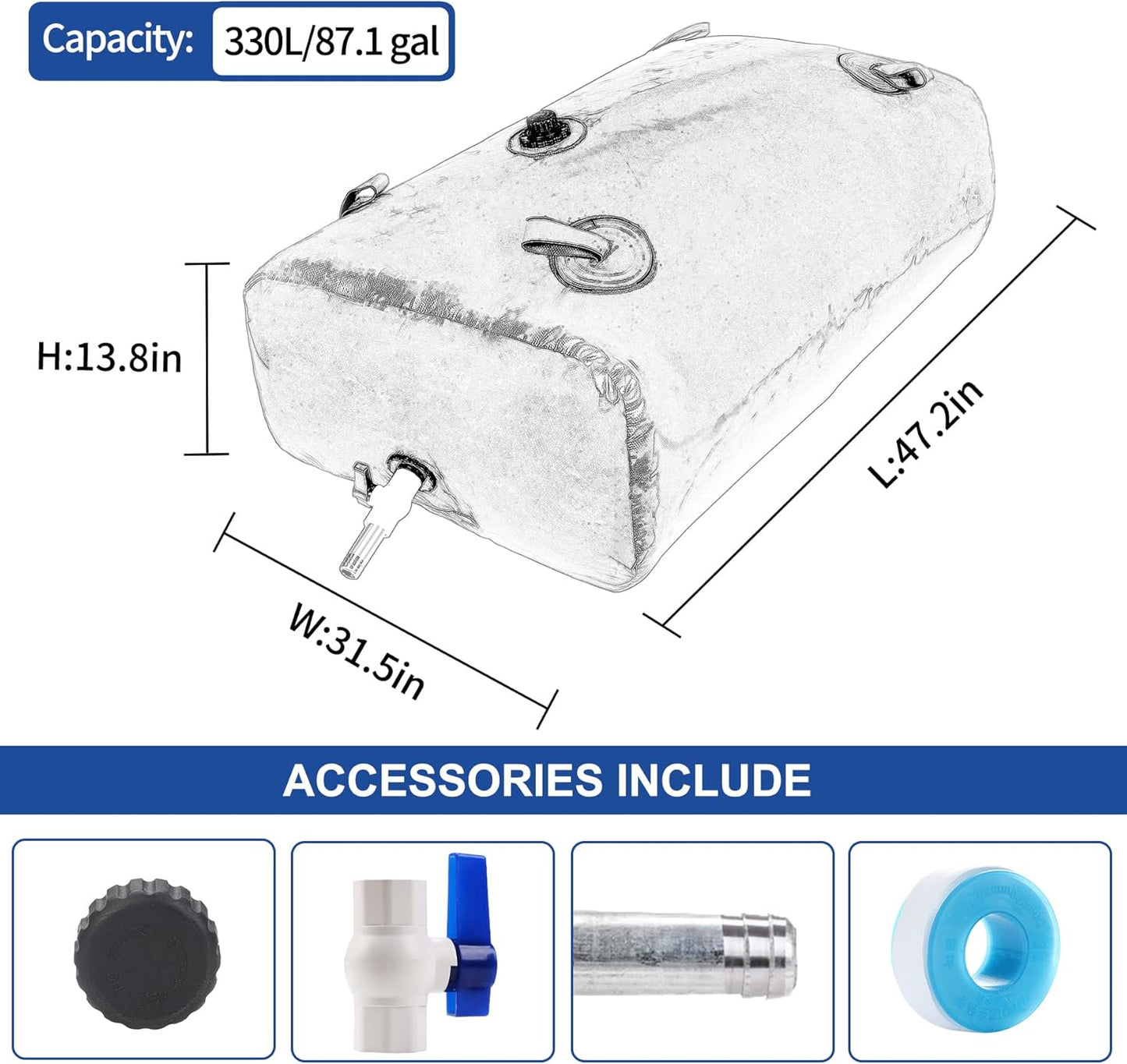 330 L/87 Gal Water Bladder Tank, Foldable Portable Water Storage Container, Emergency Water Bag for RV, Truck Bed, Fire Prevention, Drought Resistance, Blue