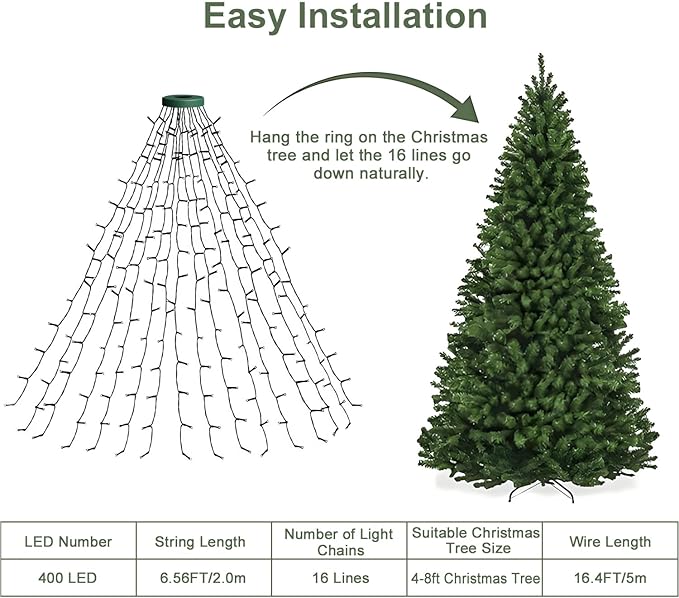 Smart Christmas Tree Lights with Ring,6.6ft 16 Lines String Light,400 LED Fairy Light,APP Control Music Sync LED Lights for 4-10ft Indoor and Outdoor Christmas Tree Decoration(Warm White & Multicolor)