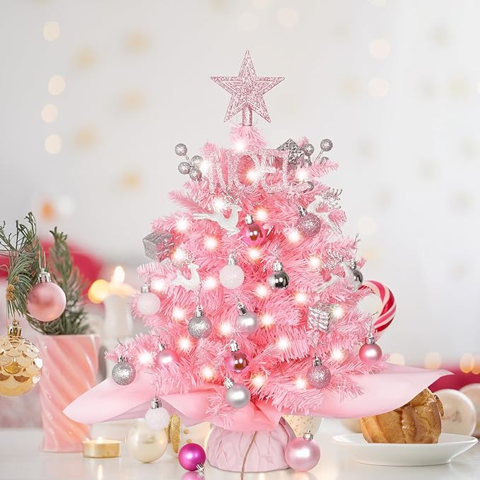 Wangchao Craft 20" Mini Pink Christmas Tree, Artificial Small Table Top Warm Lights, Star Treetop and Ornaments, Tabletop Christmas Tree for DIY Pink Christmas Decoration Gifts