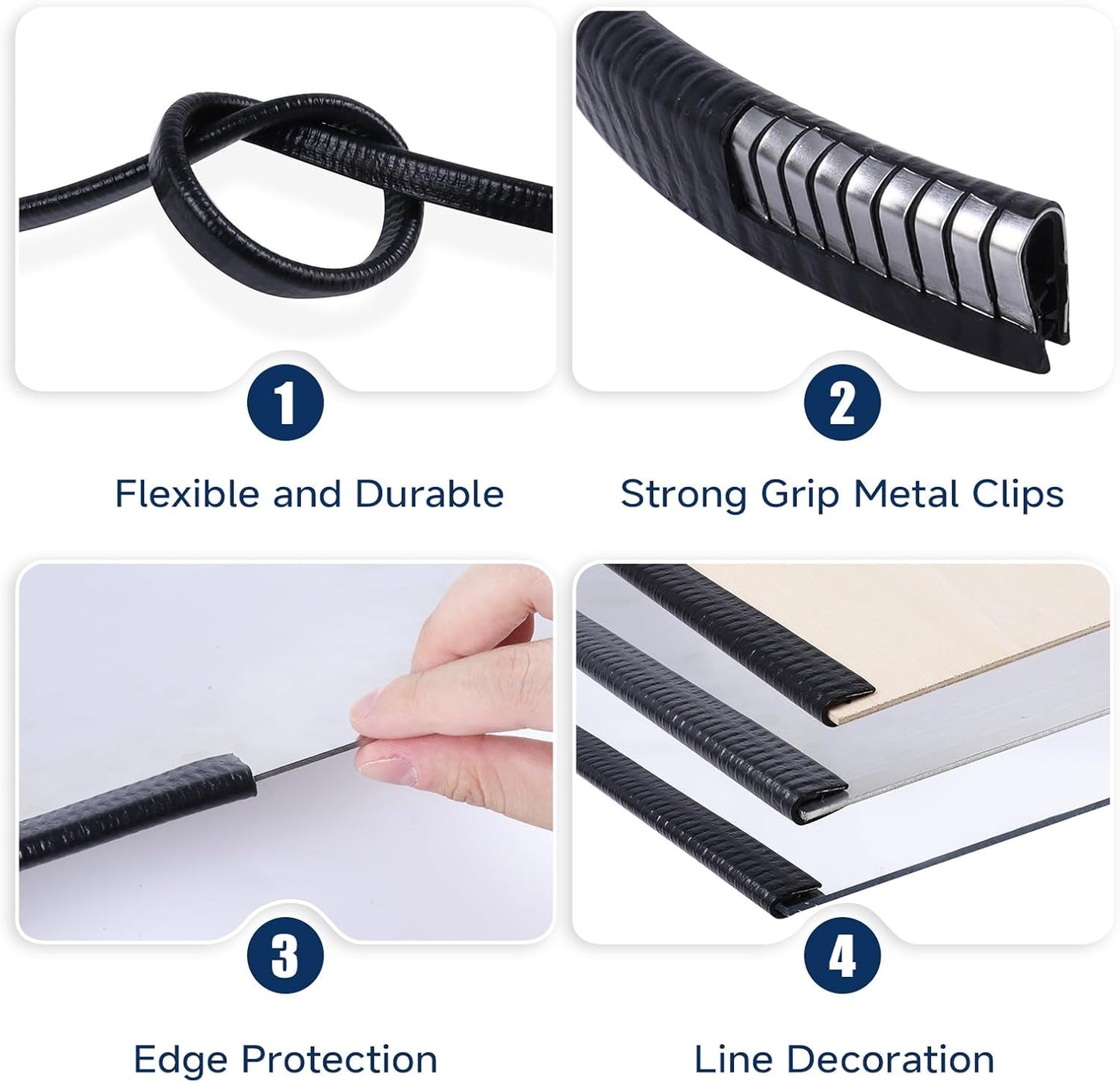 Rubber Edge Trim, U Channel Edge Trim with Metal Clips Edge Guard Protector, PVC Rubber Seal Strip for Sheet Metal, Car Doors, Hatches, Table Corners, Fit 3/64" to 1/4"(1.2mm-6.4mm), 16Ft, Black