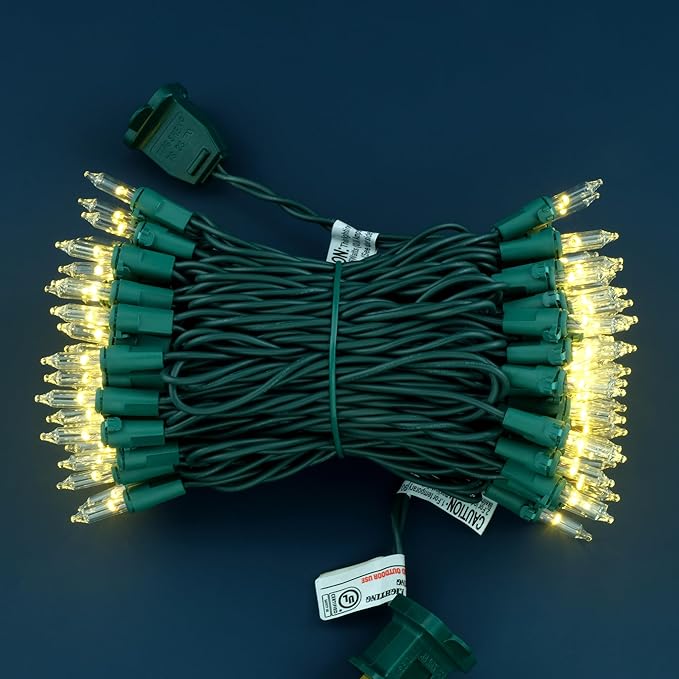 YULETIME 100 Count Clear Warm White Christmas Lights, 33 Feet Green Wire UL Certified Incandescent-Like LED Mini String Lights