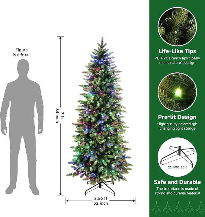 Alupssuc 7ft Prelit Artificial Hinged Pencil Christmas Tree with 330 Multi-Color Changing RGB Lights and 1809 PE & PVC Branch Tips, Remote Control 7 Feet Pre-Lit Slim Tree for Xmas Decoration, Green