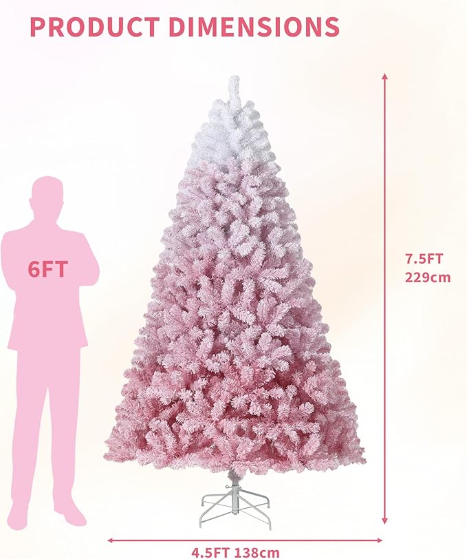 GAOMON 7.5Ft Pink Christmas Tree,Snow Flocked Artificial Christmas Tree with 450ww LEDs Lights & 288 Branch Tips & Sturdy Metal Stand, Xmas Decoration for Home Office, Party, Holiday, Pink Gradient