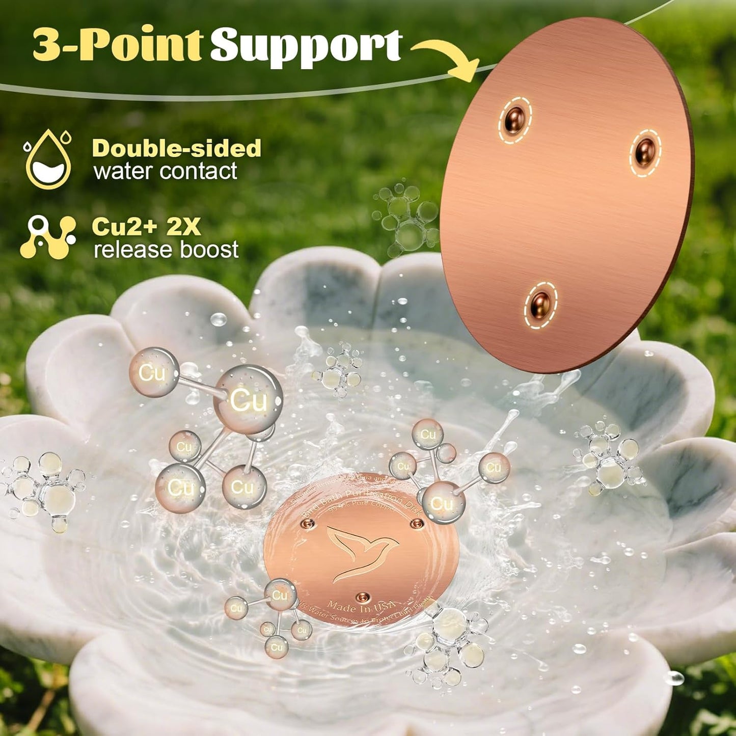 2PCS Bird Bath Copper Disk,1mm Thick Reinforced 99.99% Pure Copper Disc with Triple-Point Support,Bird Bath Accessories for Outside Birdbaths Bowls Physical Safe Water Cleaner for All-Season Use