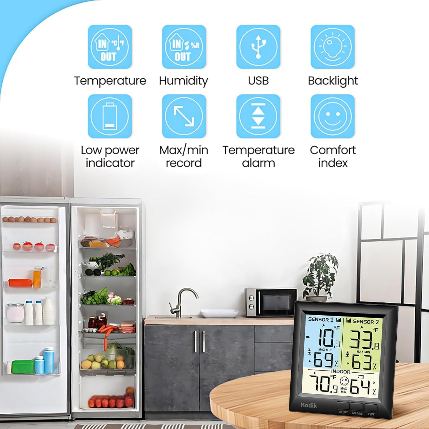 Wireless Freezer Thermometer with Alarm Refrigerator Thermometer, Fridge Freezer Alarm Thermometer Digital with 3 Adjustable Backlight and 330FT Remote Range for Kitchen Home Restaurant (Black)