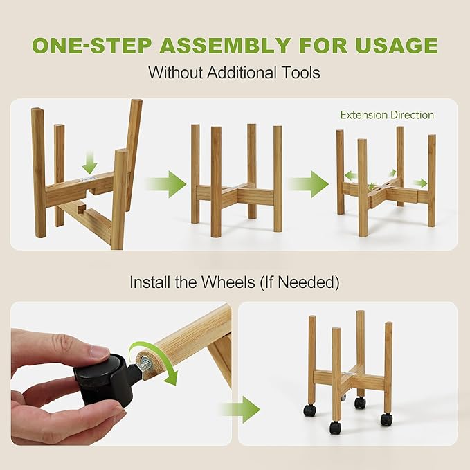 Adjustable Plant Stand Indoor with Detachable Wheels Bamboo Mid Century Modern Plants Stands Expandable Plug in Assemble Flower Pot Stand,Fit 9.25" to 11.61", Natural